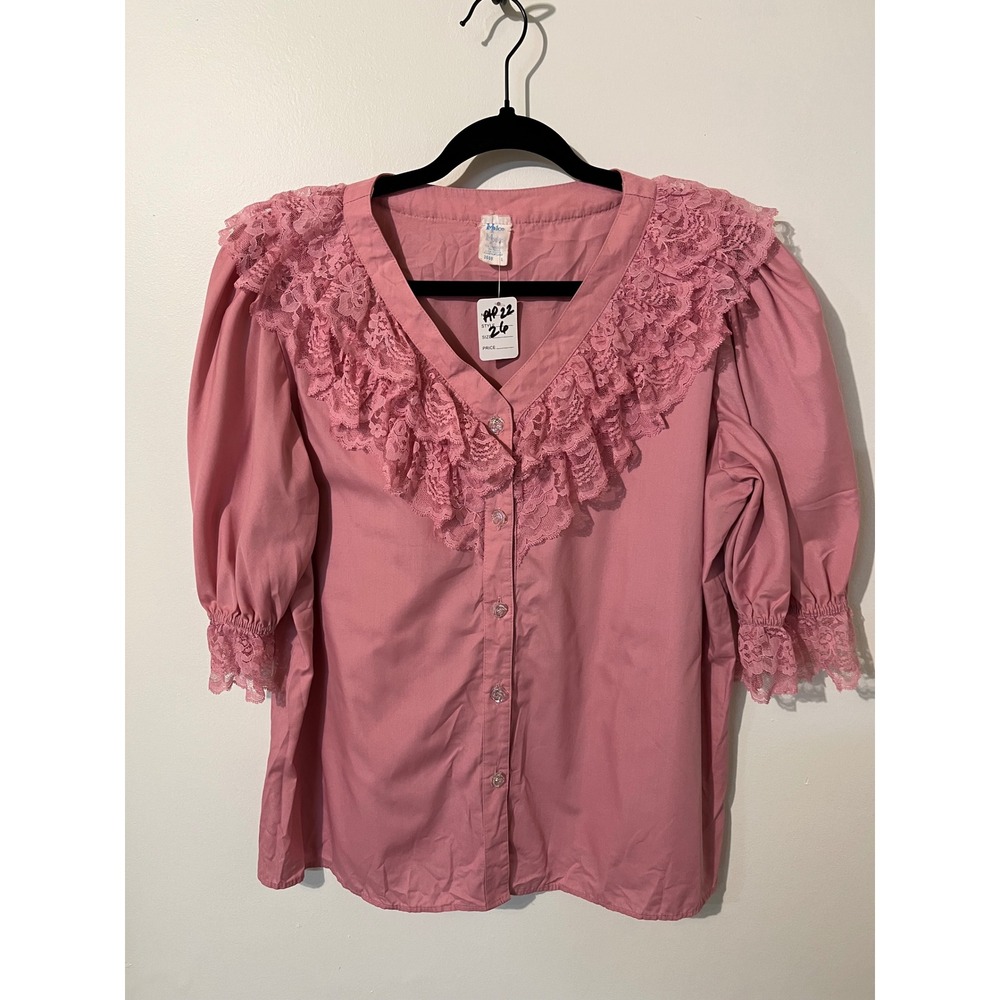 Vintage Malco Modes Pink Lace Ruffle Blouse V-Neck Puffy Short Sleeve Top Large